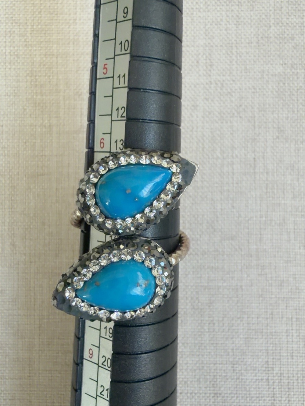Turquoise Teardrop Double Stone Ring with Crystal Halo - Blue